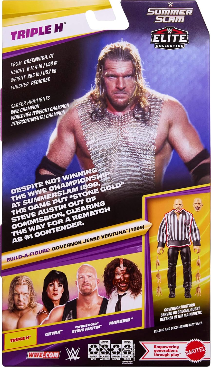 Mattel WWE Elite Collection Action Figure & Accessories, Premium Live Event Triple H Set, SummerSlam Series with Jesse “The Body” Ventura Build-A-Figure Parts, JHX80