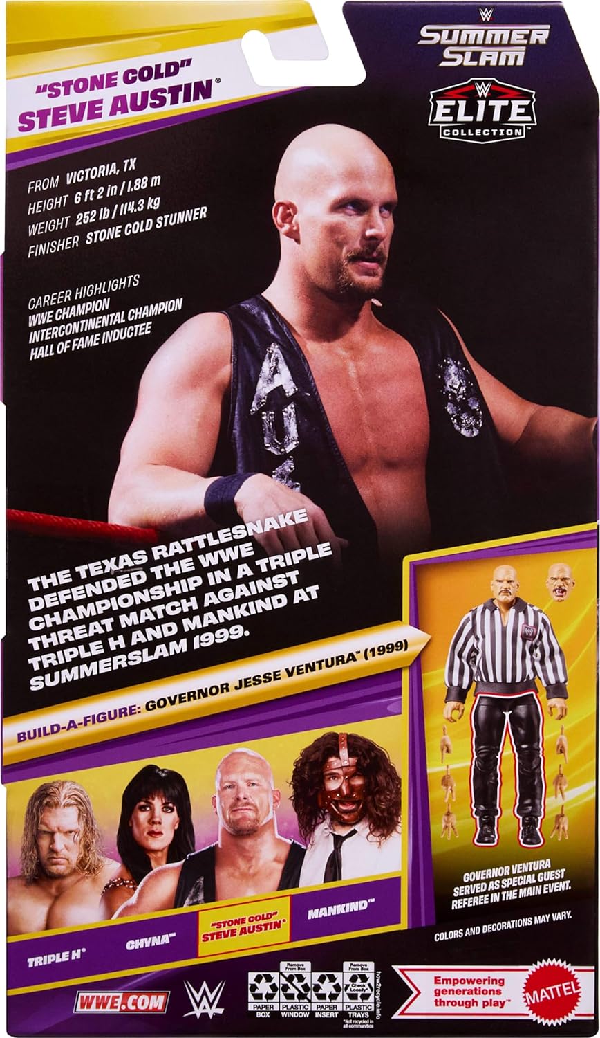 Mattel WWE Elite Collection Action Figure & Accessories, Premium Live Event “Stone Cold” Steve Austin Set, SummerSlam Series with Jesse “The Body” Ventura Build-A-Figure Parts, JHX79