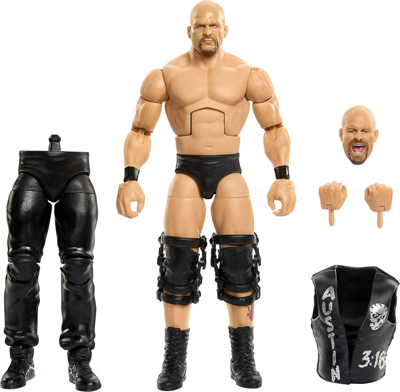 Mattel WWE Elite Collection Action Figure & Accessories, Premium Live Event “Stone Cold” Steve Austin Set, SummerSlam Series with Jesse “The Body” Ventura Build-A-Figure Parts, JHX79