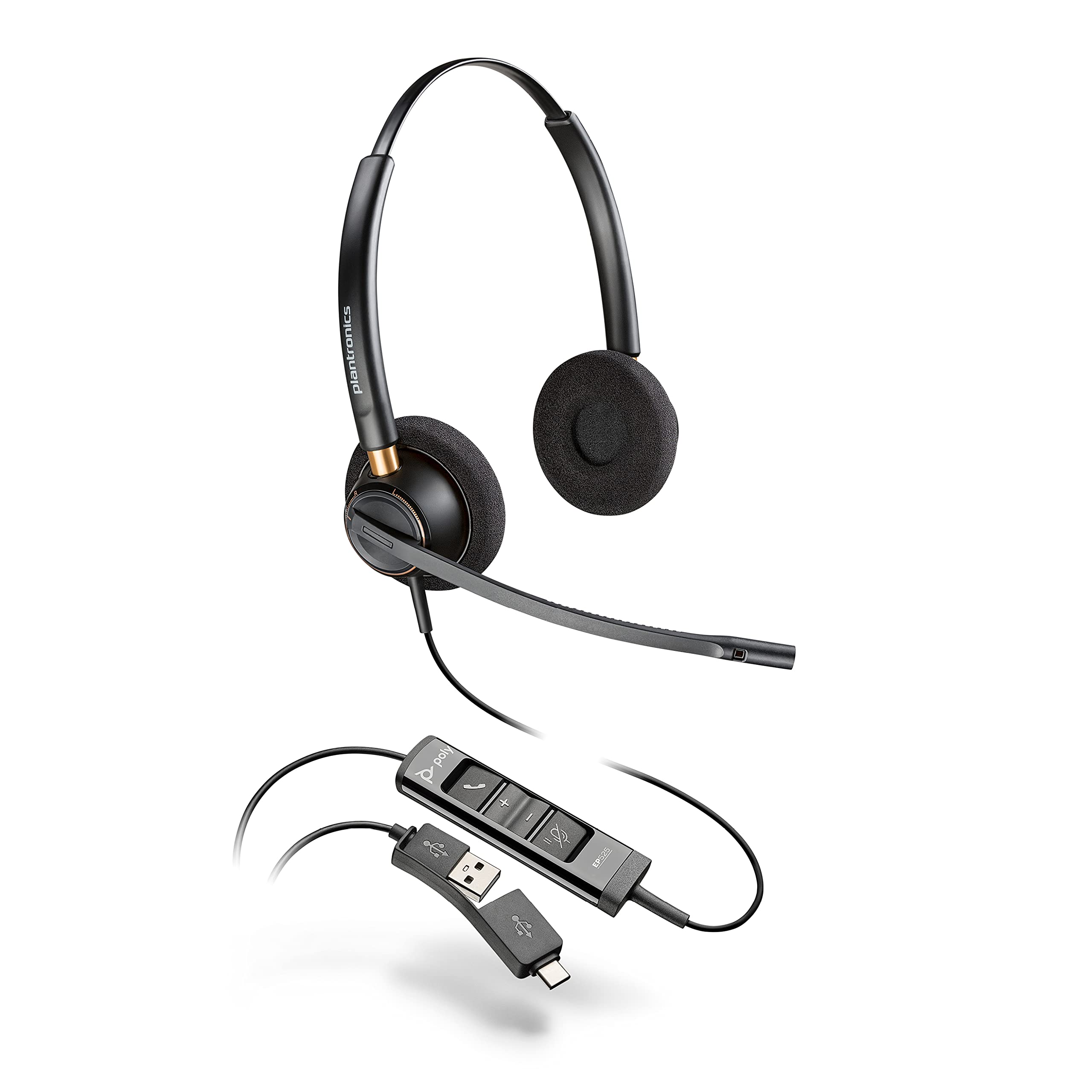Plantronics Poly – EncorePro 525 USB-A and USB-C USB headset () – Acoustic Hearing Protection - Hold & Call Answer buttons- Dual ear