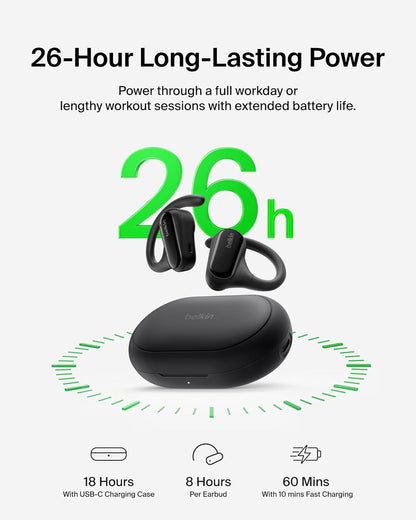 Belkin SoundForm ClearFit Open-Ear Headphones, lightweight wireless earphones with ENC, Bluetooth earbuds with ear hooks, clear calls, 26H playtime, IPX5 running and gym headphones for sports