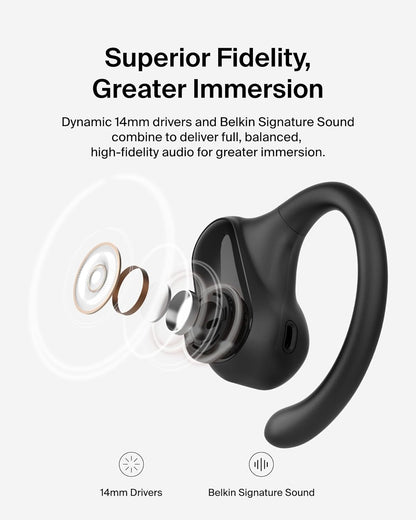 Belkin SoundForm ClearFit Open-Ear Headphones, lightweight wireless earphones with ENC, Bluetooth earbuds with ear hooks, clear calls, 26H playtime, IPX5 running and gym headphones for sports