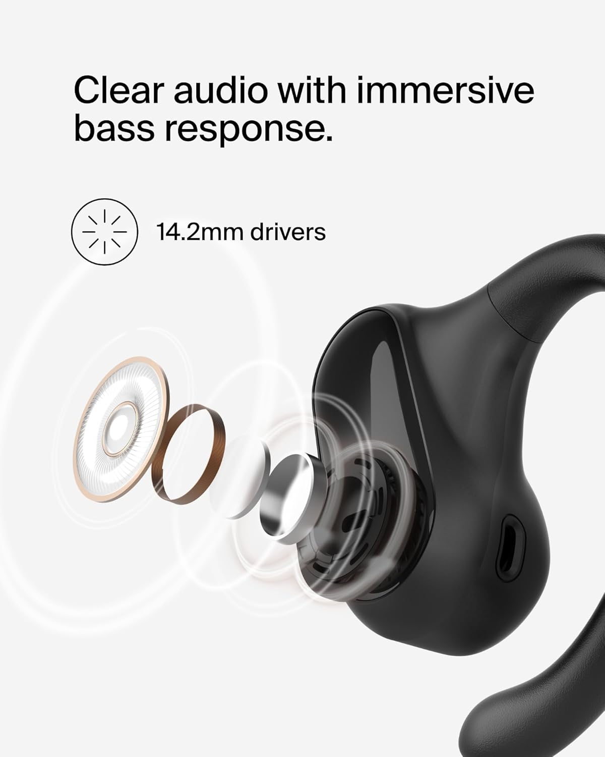 Belkin SoundForm ClearFit Open-Ear Headphones, lightweight wireless earphones with ENC, Bluetooth earbuds with ear hooks, clear calls, 26H playtime, IPX5 running and gym headphones for sports