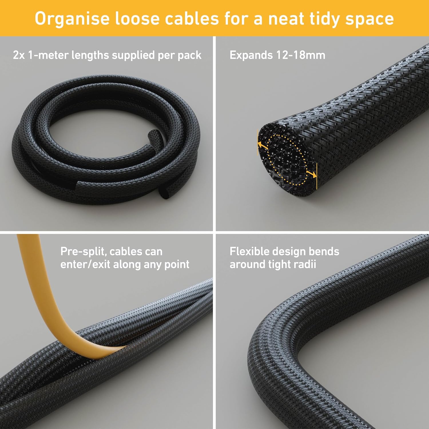 D-Line Cable Tidy Kit, 4-in-1 Cable Management Set, Desk, TV, Gaming Setup Wire Organiser - Includes: 2X Cable Sleeves (1m), 5X Cable Clips, 3X Reusable Cable Ties, 5X Cable Bases