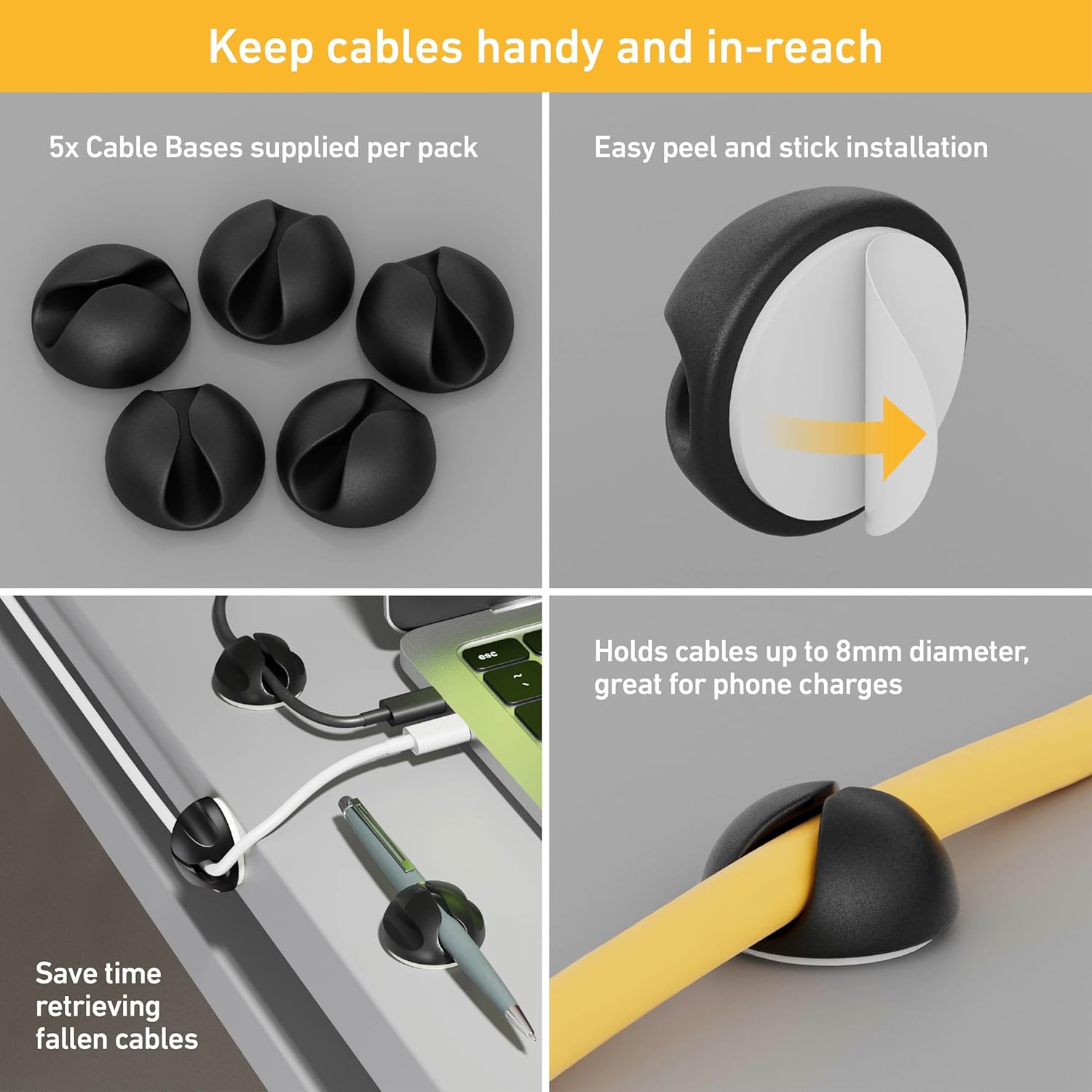 D-Line Cable Tidy Kit, 4-in-1 Cable Management Set, Desk, TV, Gaming Setup Wire Organiser - Includes: 2X Cable Sleeves (1m), 5X Cable Clips, 3X Reusable Cable Ties, 5X Cable Bases