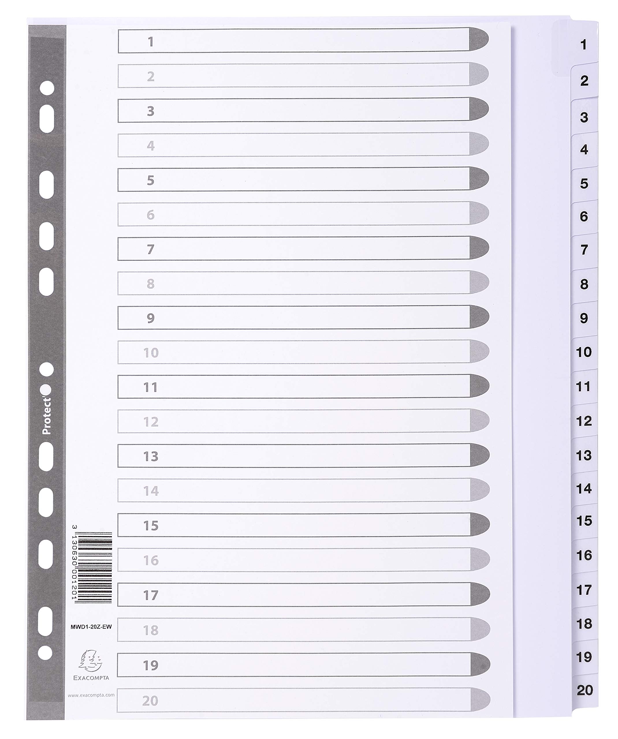 Exacompta - Ref MWD1-20Z-EW - Mylar Printed Indices - For Use With A4+ Documents, Pre-Punched, 160gsm White Card with Reinforced Plastic Tabs, FSC-Certified - 20-Part Dividers (1-20