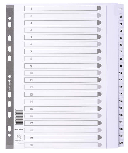 Exacompta - Ref MWD1-20Z-EW - Mylar Printed Indices - For Use With A4+ Documents, Pre-Punched, 160gsm White Card with Reinforced Plastic Tabs, FSC-Certified - 20-Part Dividers (1-20
