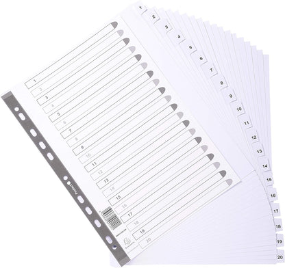 Exacompta - Ref MWD1-20Z-EW - Mylar Printed Indices - For Use With A4+ Documents, Pre-Punched, 160gsm White Card with Reinforced Plastic Tabs, FSC-Certified - 20-Part Dividers (1-20