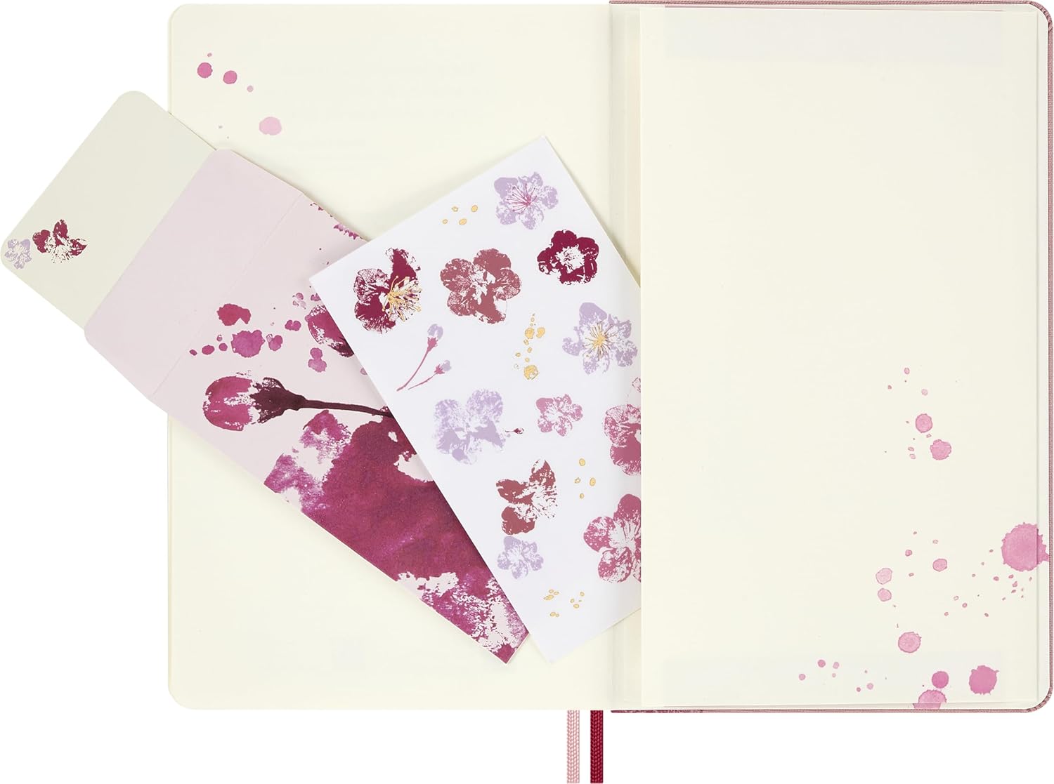 Moleskine Blank Notebook Sakura - Hard Fabric Cover with Elastic Closure, Includes Themed Greeting Cards, Stickers and Bookmark, Large Size 13 x 21 cm