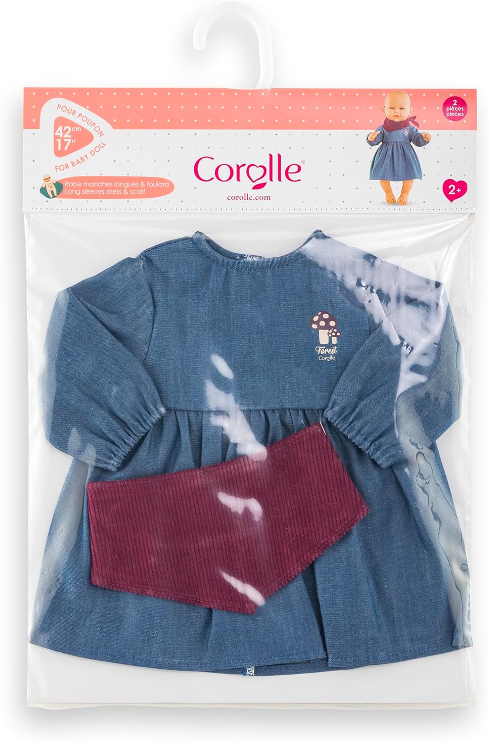 Corolle - 9000160230 Long Sleeve Jeans & Small Explorer Scarf Dress Poppon Garment 42 cm from 2 Years