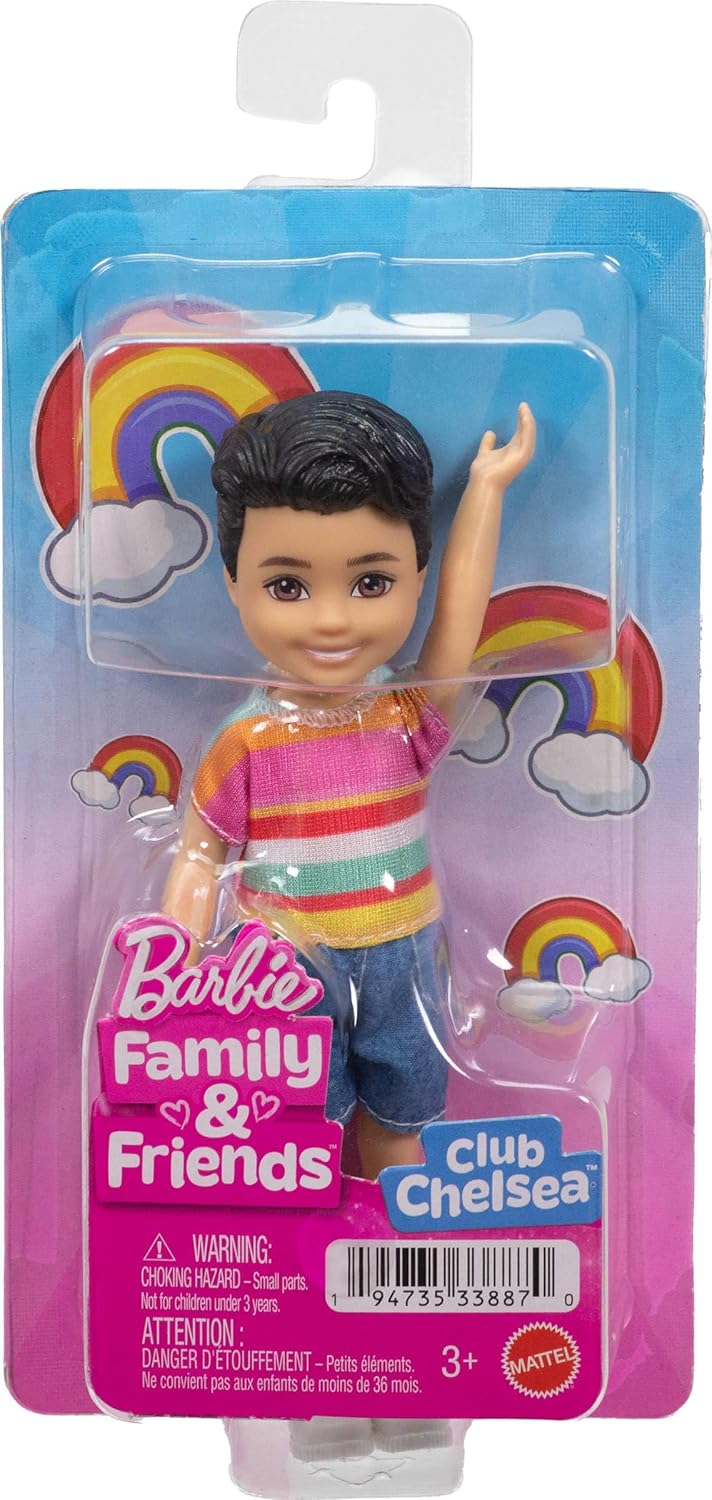 Barbie Club Chelsea Koji 6-Inch Boy Small Doll with Brunette Hair Wearing Removable Striped Shirt, Shorts & Shoes, JJB36