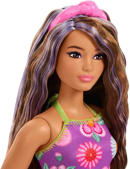 Barbie Fashionistas Doll #244 with Purple-Streaked Brown Hair, Purple Floral Halter Top and Matching Skirt with Accessories like Headband and Sandals, JJN57