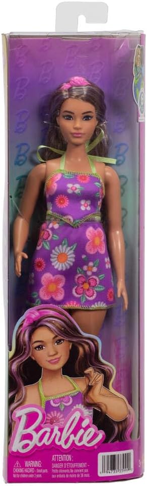 Barbie Fashionistas Doll #244 with Purple-Streaked Brown Hair, Purple Floral Halter Top and Matching Skirt with Accessories like Headband and Sandals, JJN57