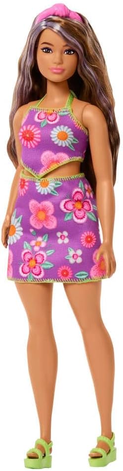 Barbie Fashionistas Doll #244 with Purple-Streaked Brown Hair, Purple Floral Halter Top and Matching Skirt with Accessories like Headband and Sandals, JJN57