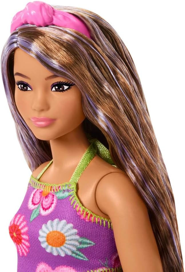 Barbie Fashionistas Doll #244 with Purple-Streaked Brown Hair, Purple Floral Halter Top and Matching Skirt with Accessories like Headband and Sandals, JJN57