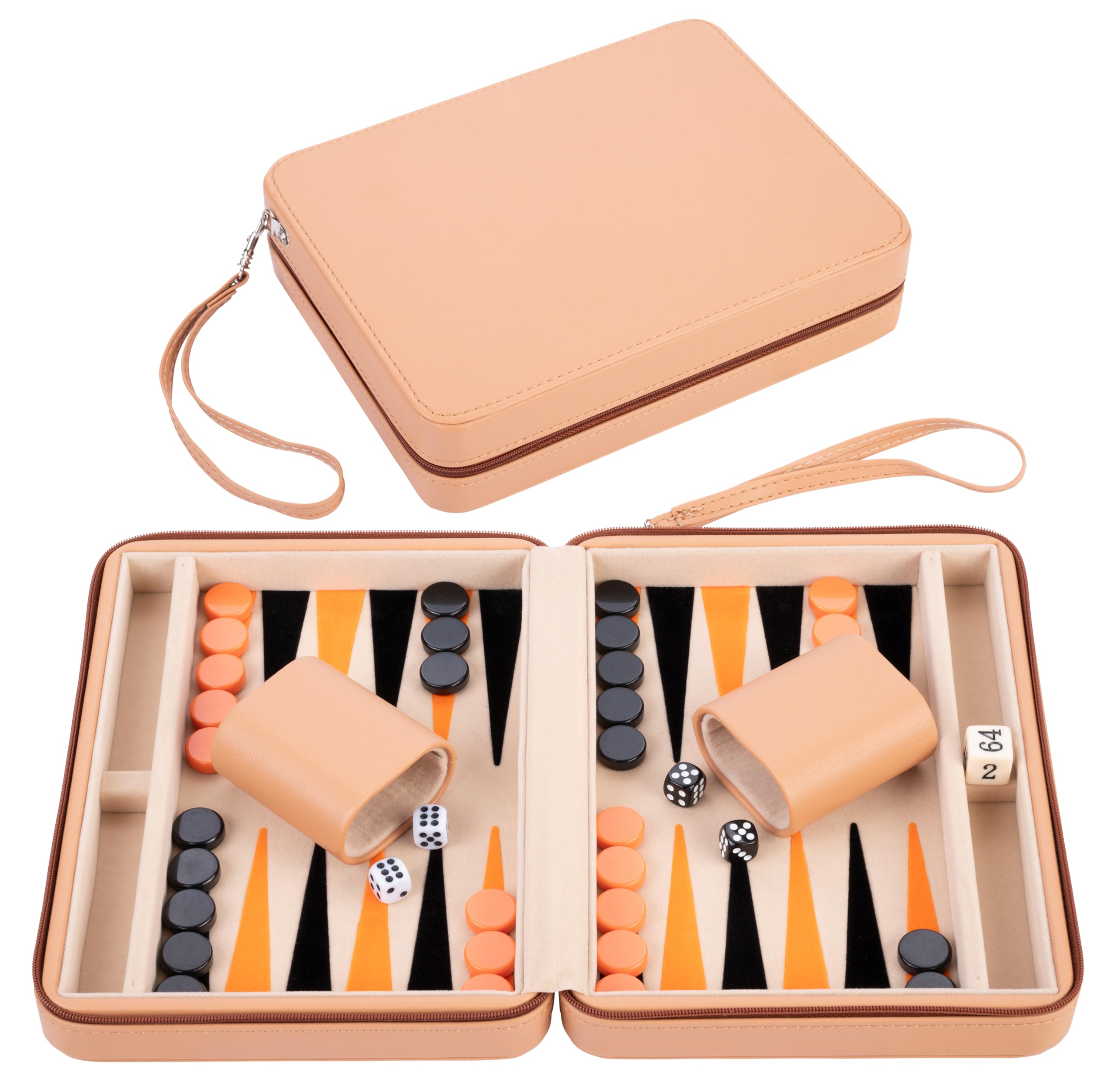 Engelhart – 250501 – Deluxe Reisspel Backgammon 9 Inch – Beige Ritssluiting – Vilten Binnenkant – Beige, Oranje, Zwart
