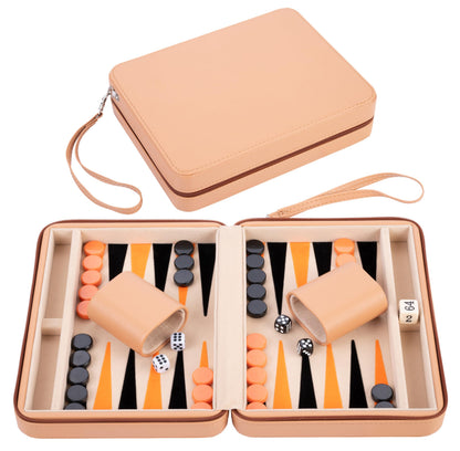 Engelhart – 250501 – Deluxe Reisspel Backgammon 9 Inch – Beige Ritssluiting – Vilten Binnenkant – Beige, Oranje, Zwart
