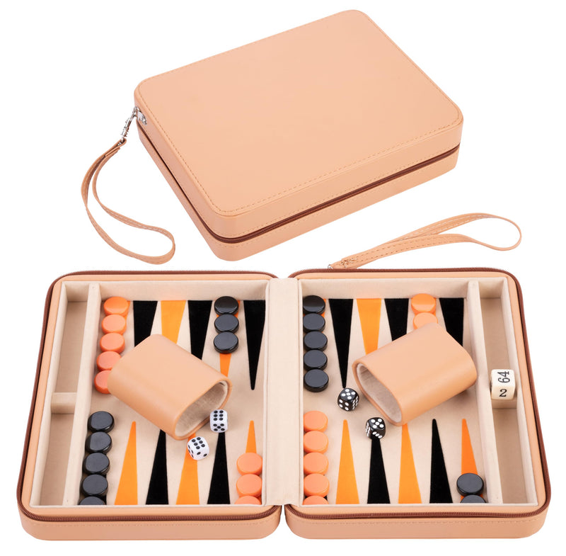 Engelhart – 250501 – Deluxe Reisspel Backgammon 9 Inch – Beige Ritssluiting – Vilten Binnenkant – Beige, Oranje, Zwart