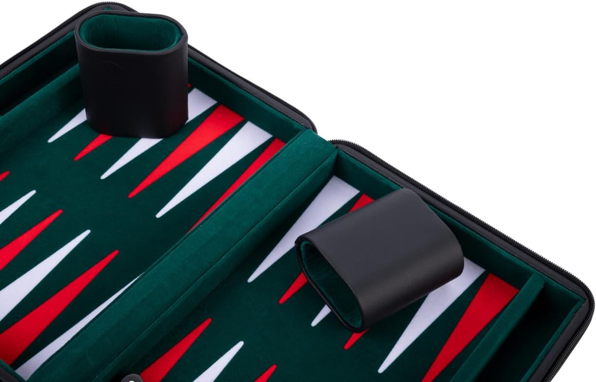 Engelhart – 250502 – Deluxe Reisset Backgammon 9 Inch met ingelegd vilt – Zwarte ritssluiting (Groen, Rood, Wit)