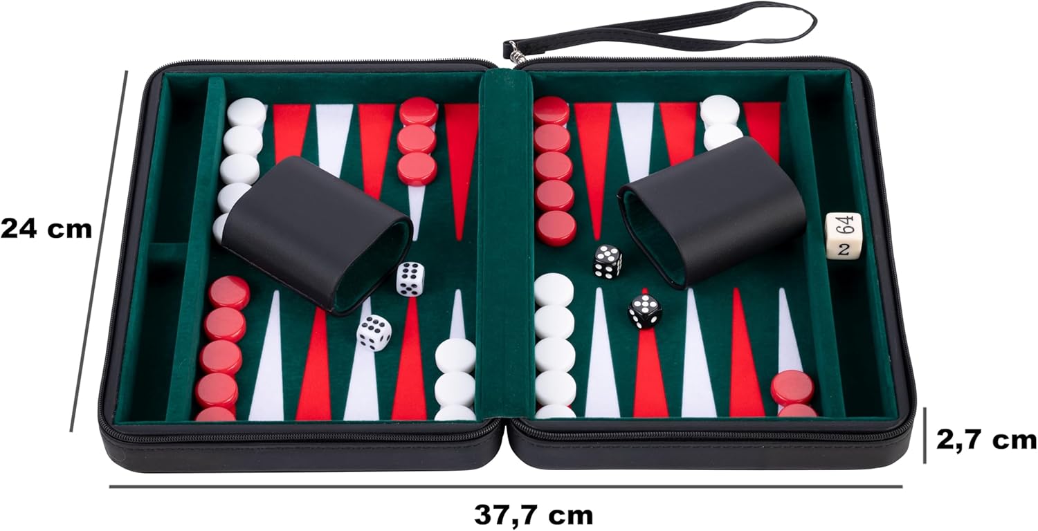 Engelhart – 250502 – Deluxe Reisset Backgammon 9 Inch met ingelegd vilt – Zwarte ritssluiting (Groen, Rood, Wit)