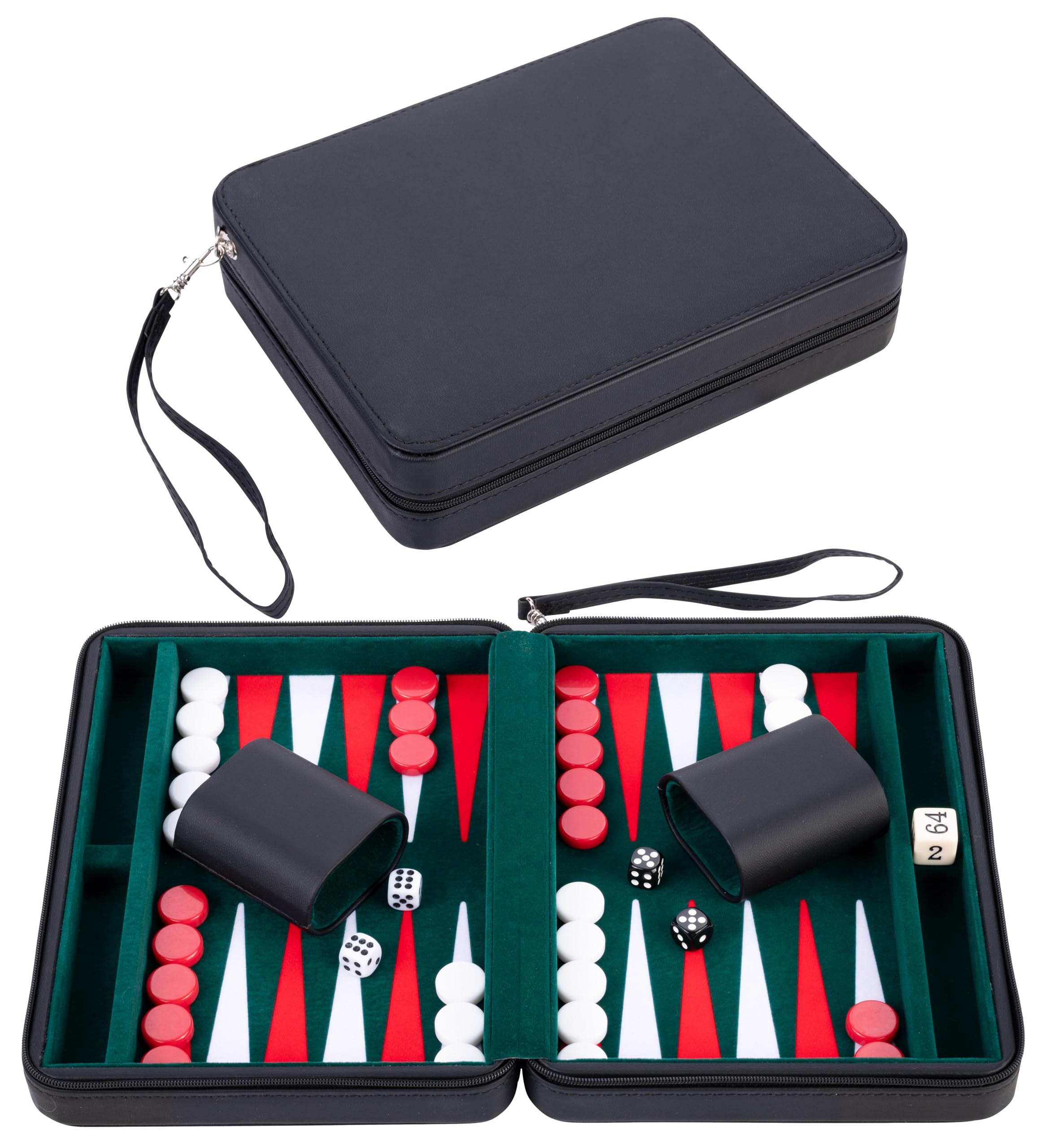 Engelhart – 250502 – Deluxe Reisset Backgammon 9 Inch met ingelegd vilt – Zwarte ritssluiting (Groen, Rood, Wit)