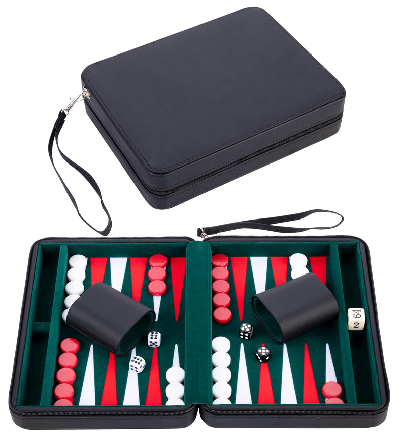 Engelhart – 250502 – Deluxe Reisset Backgammon 9 Inch met ingelegd vilt – Zwarte ritssluiting (Groen, Rood, Wit)