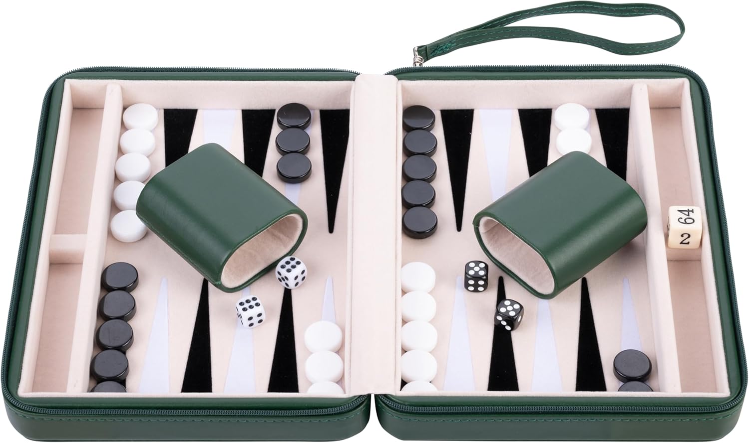 Engelhart – 250503 – Reisspel Backgammon 9 Inch – Groene Buitenkant met Ritssluiting – Vilten Binnenkant Crème/Zwart/Wit – Inclusief Accessoires