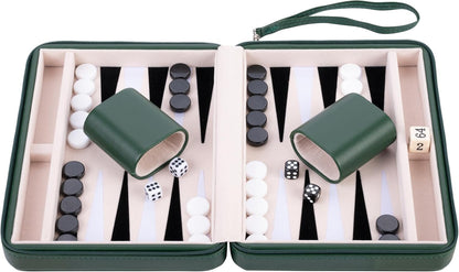 Engelhart – 250503 – Reisspel Backgammon 9 Inch – Groene Buitenkant met Ritssluiting – Vilten Binnenkant Crème/Zwart/Wit – Inclusief Accessoires