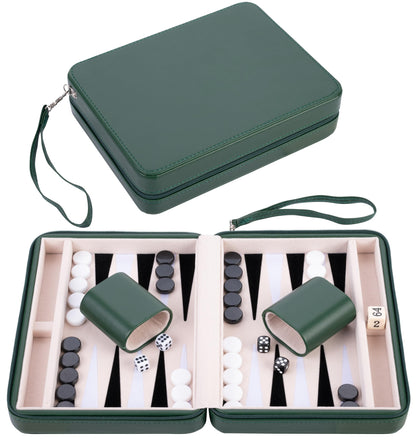 Engelhart – 250503 – Reisspel Backgammon 9 Inch – Groene Buitenkant met Ritssluiting – Vilten Binnenkant Crème/Zwart/Wit – Inclusief Accessoires
