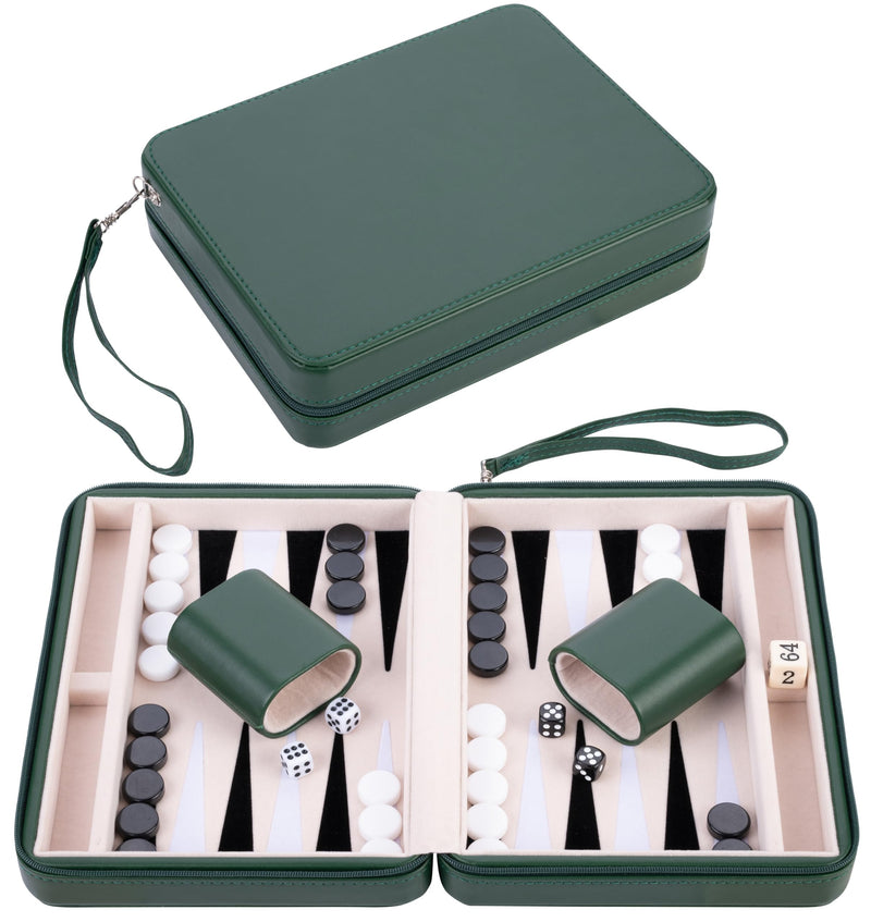 Engelhart – 250503 – Reisspel Backgammon 9 Inch – Groene Buitenkant met Ritssluiting – Vilten Binnenkant Crème/Zwart/Wit – Inclusief Accessoires