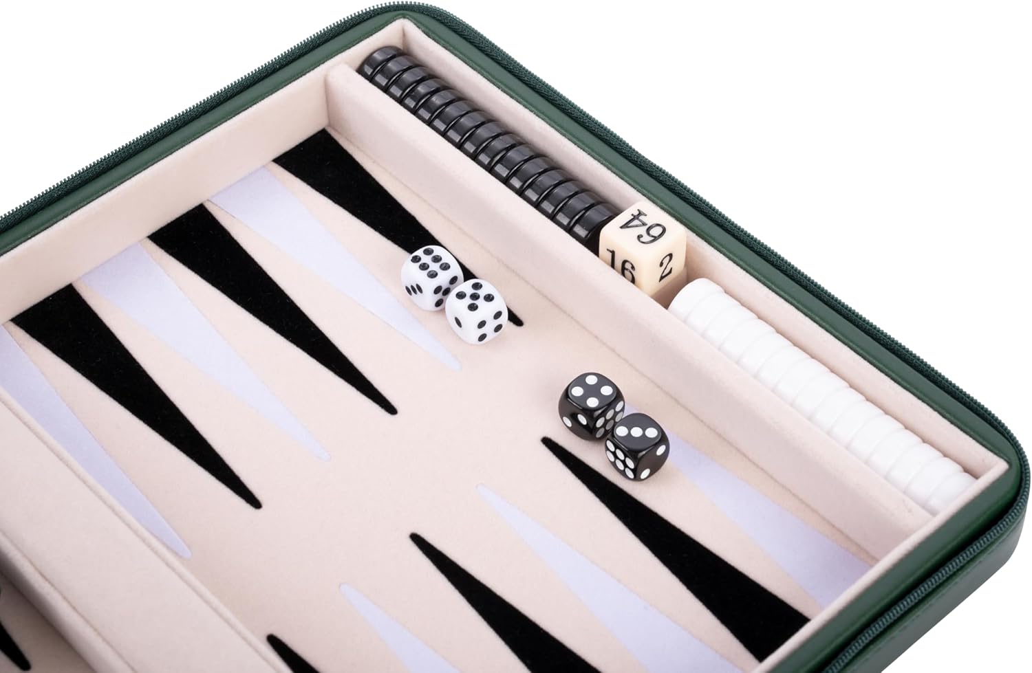 Engelhart – 250503 – Reisspel Backgammon 9 Inch – Groene Buitenkant met Ritssluiting – Vilten Binnenkant Crème/Zwart/Wit – Inclusief Accessoires