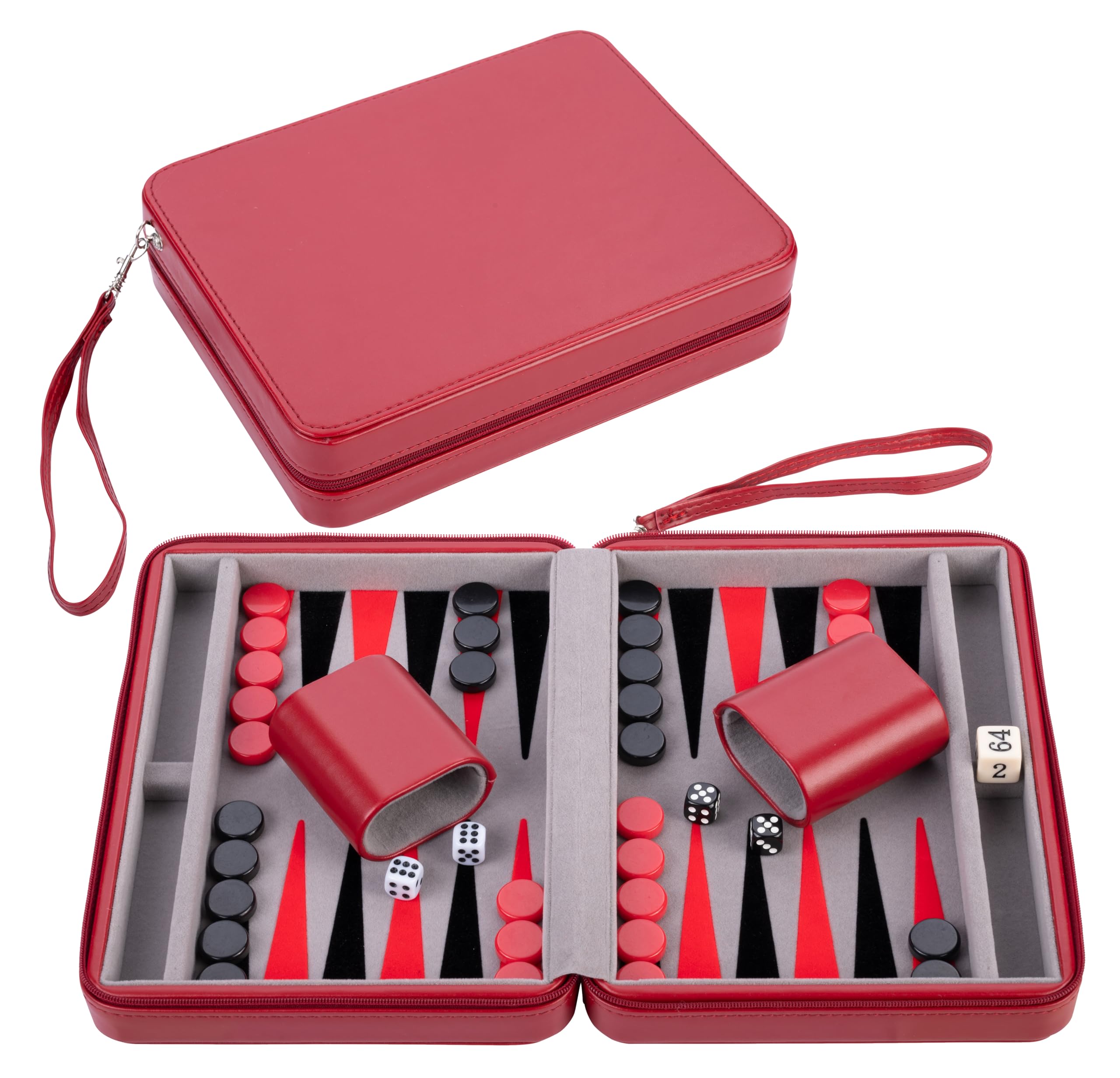 Engelhart – 250500 – Deluxe Reisspel Backgammon 9 Inch – Rode Ritssluiting – Vilten Binnenkant – Grijs, Zwart, Rood – Inclusief Accessoires