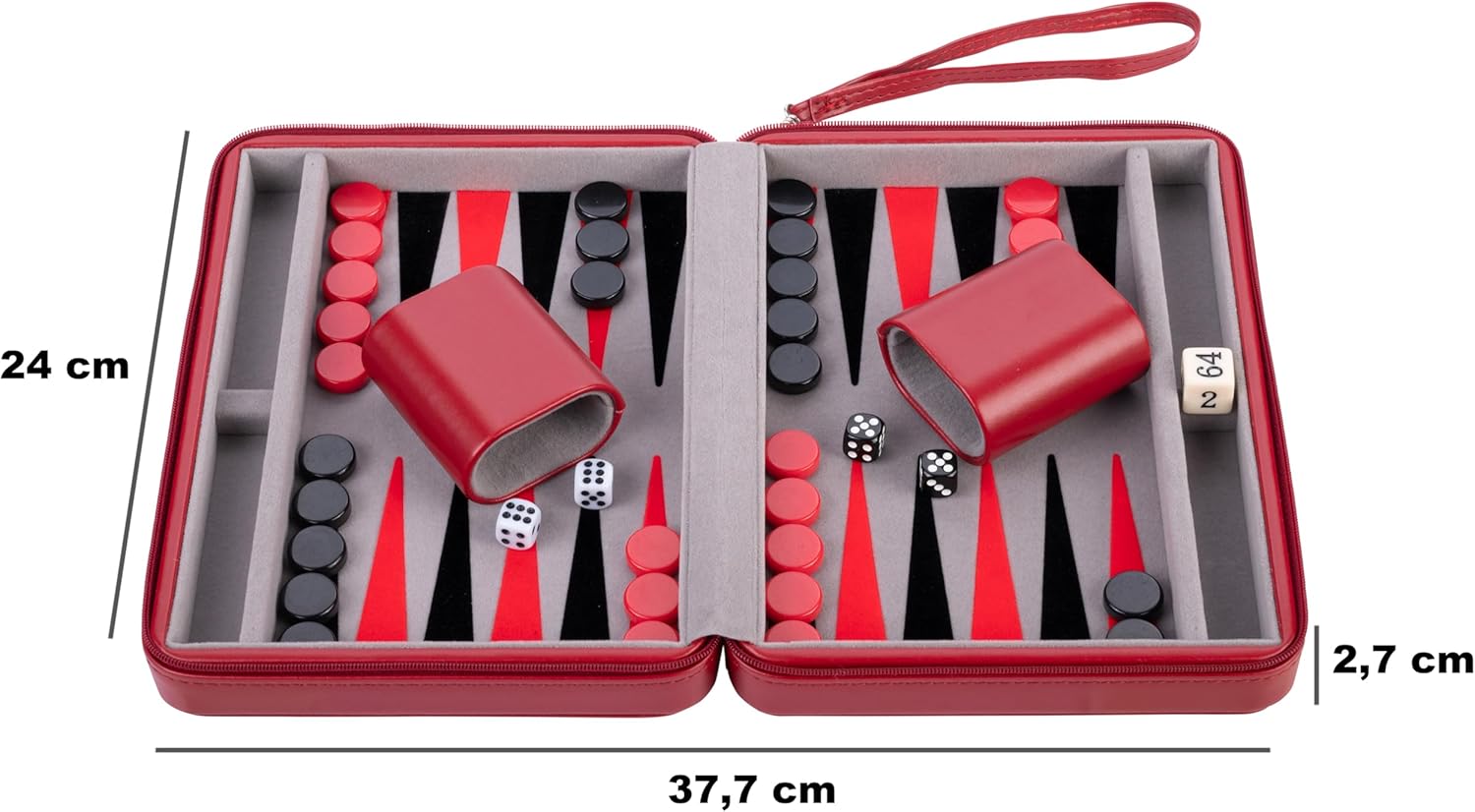 Engelhart – 250500 – Deluxe Reisspel Backgammon 9 Inch – Rode Ritssluiting – Vilten Binnenkant – Grijs, Zwart, Rood – Inclusief Accessoires