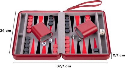 Engelhart – 250500 – Deluxe Reisspel Backgammon 9 Inch – Rode Ritssluiting – Vilten Binnenkant – Grijs, Zwart, Rood – Inclusief Accessoires