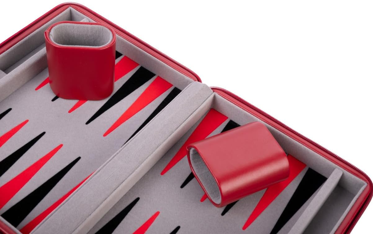 Engelhart – 250500 – Deluxe Reisspel Backgammon 9 Inch – Rode Ritssluiting – Vilten Binnenkant – Grijs, Zwart, Rood – Inclusief Accessoires