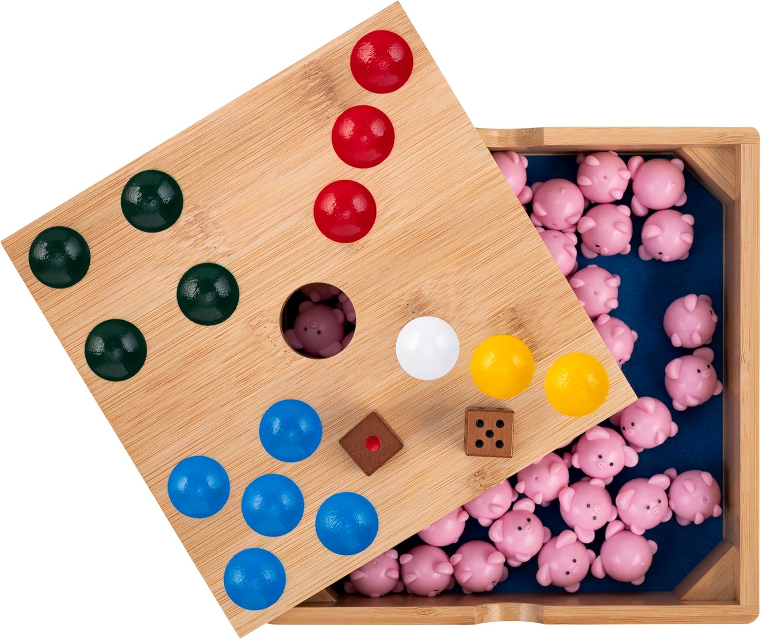 Engelhart-350444 – Piggy Hole Game – Familiebordspel in Bamboe Hout – Kist met 60 Siliconen Varkentjes + 2 Dobbelstenen + Regels – Leuk Gezelschapsspel voor Kinderen & Volwassenen