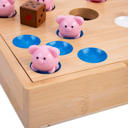 Engelhart-350444 – Piggy Hole Game – Familiebordspel in Bamboe Hout – Kist met 60 Siliconen Varkentjes + 2 Dobbelstenen + Regels – Leuk Gezelschapsspel voor Kinderen & Volwassenen