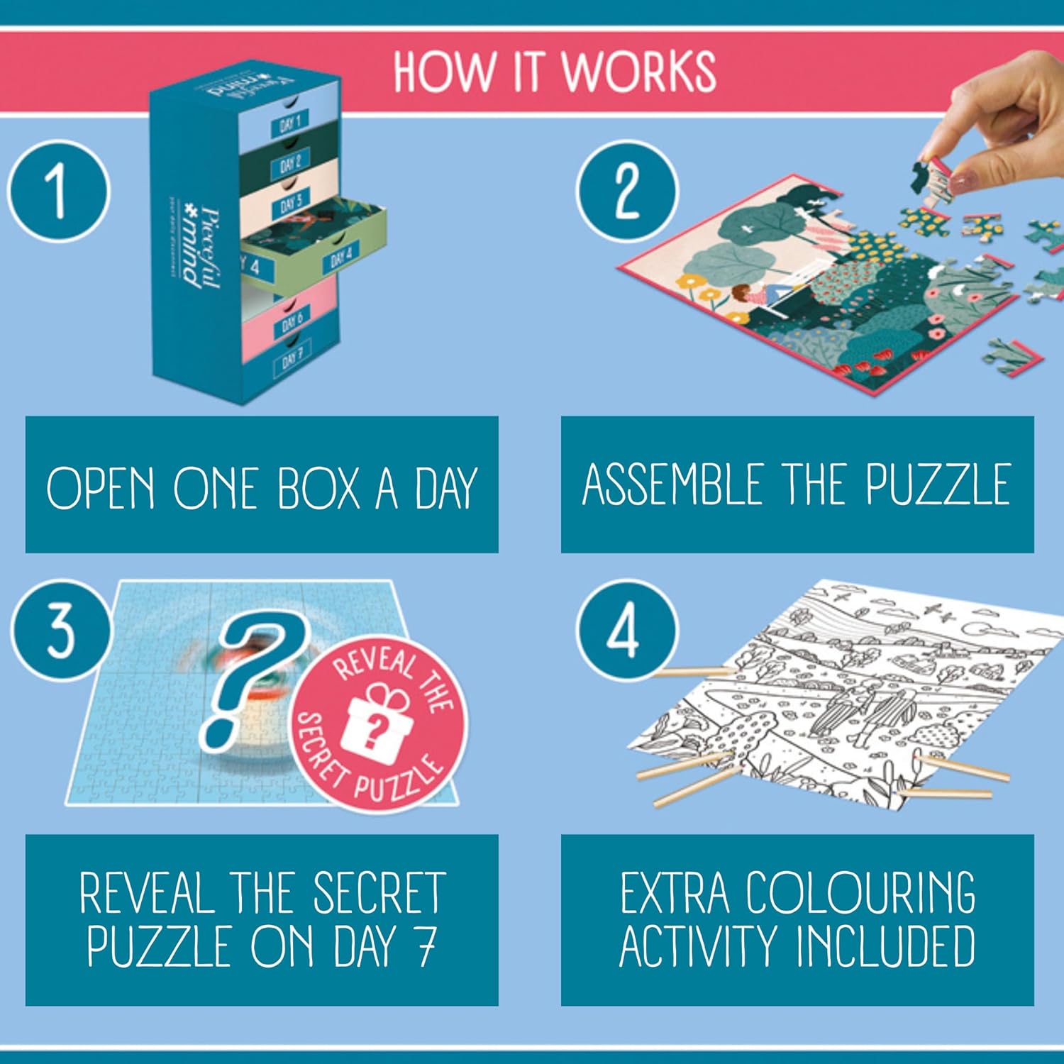 Jumbo Pieceful Mind Puzzles - A Piece of Nature, 7-Day Mindful Adults Jigsaws Set – 6 Daily 54 Piece Jigsaw Puzzles & Secret 7th Puzzle Included – Screen-Free Puzzle Set & Bonus Colouring Activity