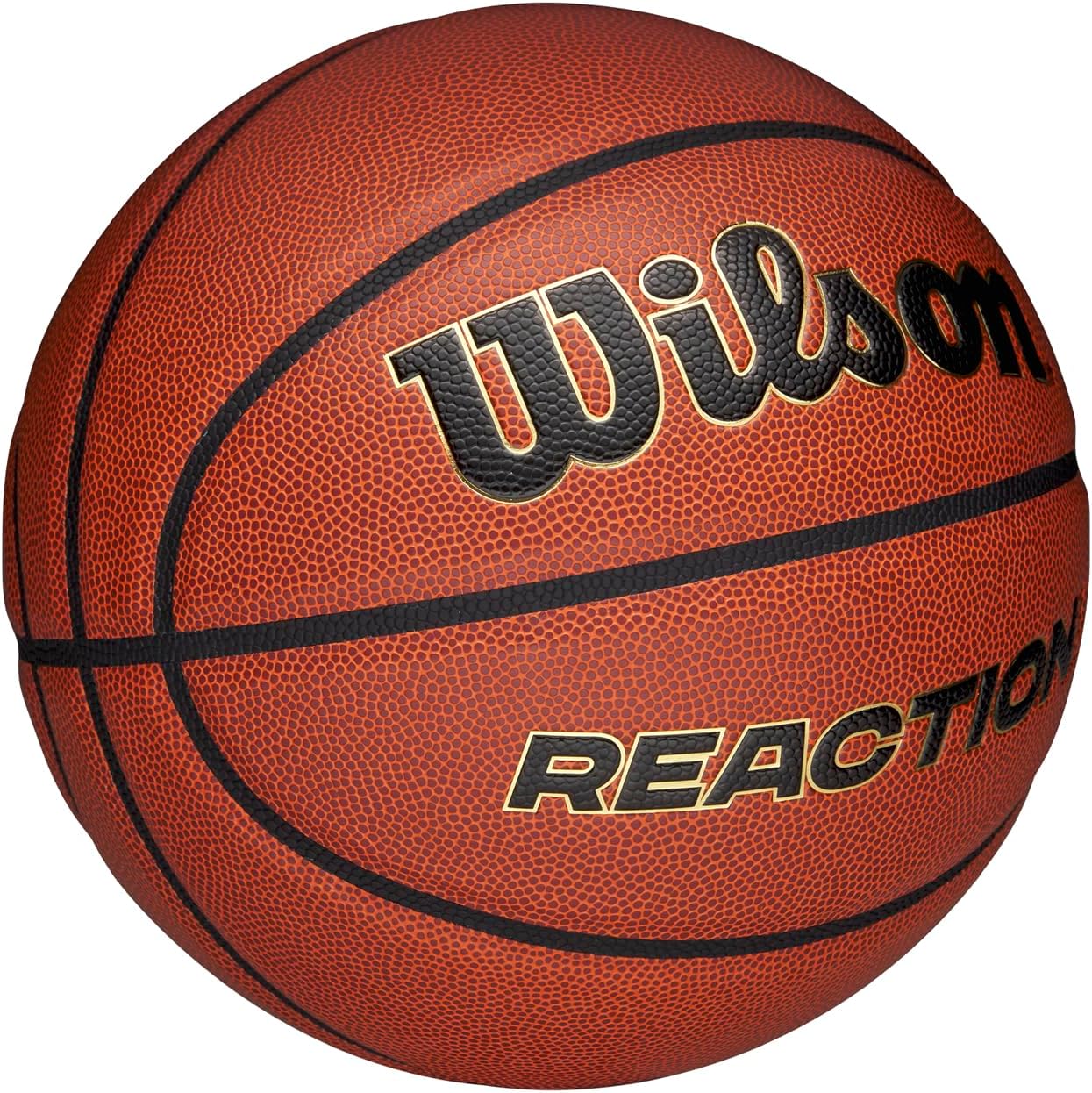 Wilson Pallone da Basket Reaction Pro, In Materiali Compositi Resistenti con Tecnologia VLC, Marrone/Oro, Misura 7