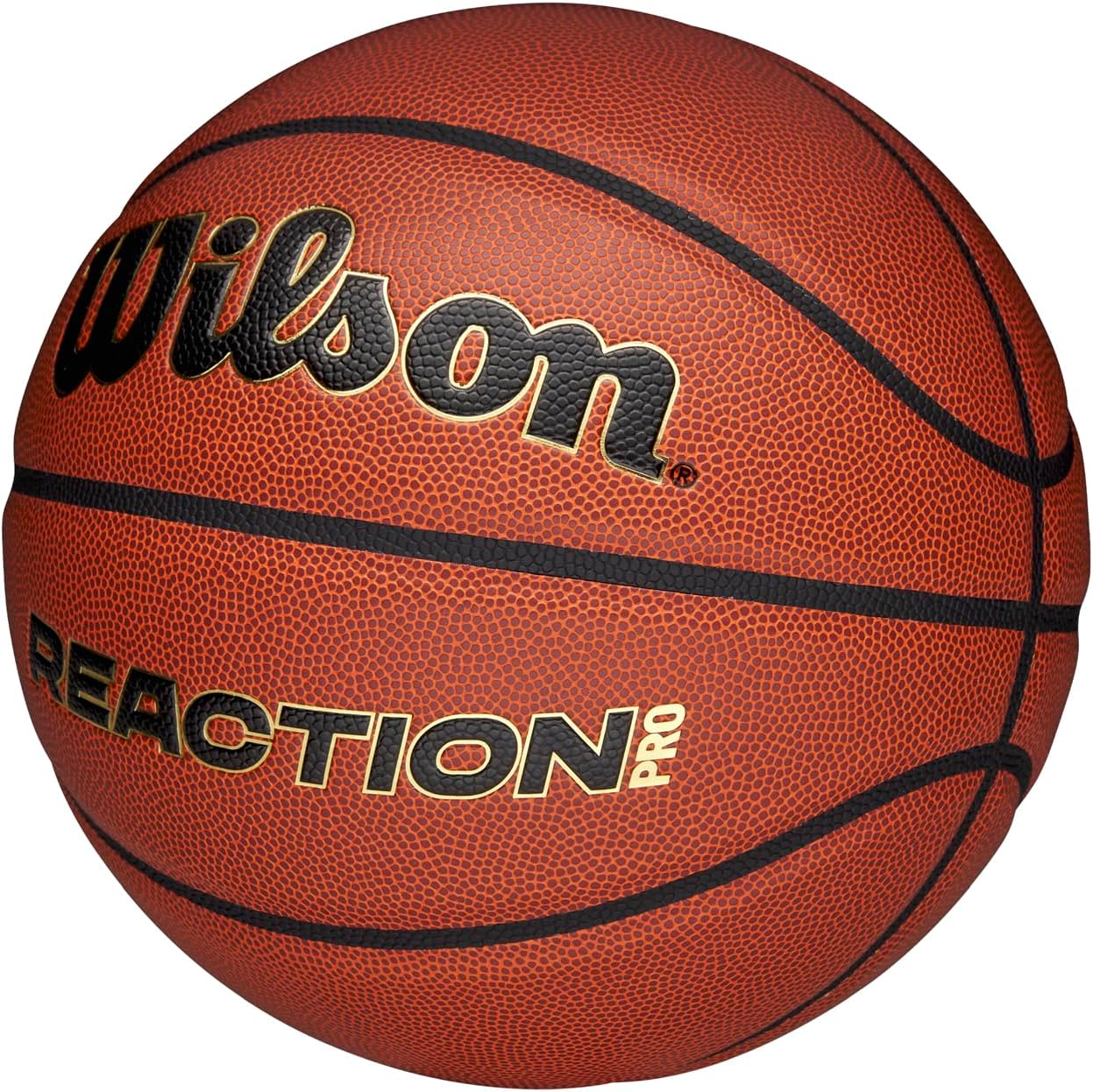 Wilson Pallone da Basket Reaction Pro, In Materiali Compositi Resistenti con Tecnologia VLC, Marrone/Oro, Misura 7