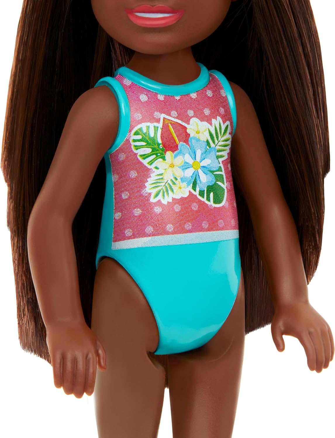 Barbie Chelsea - Small Doll in Swimsuit with Stripes and Floral Print, Brown Hair and Brown Eyes