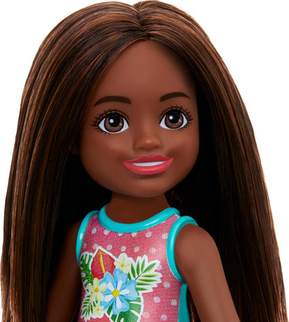 Barbie Chelsea - Small Doll in Swimsuit with Stripes and Floral Print, Brown Hair and Brown Eyes
