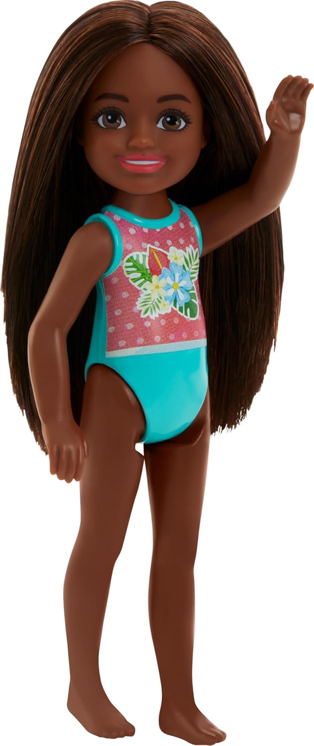 Barbie Chelsea - Small Doll in Swimsuit with Stripes and Floral Print, Brown Hair and Brown Eyes