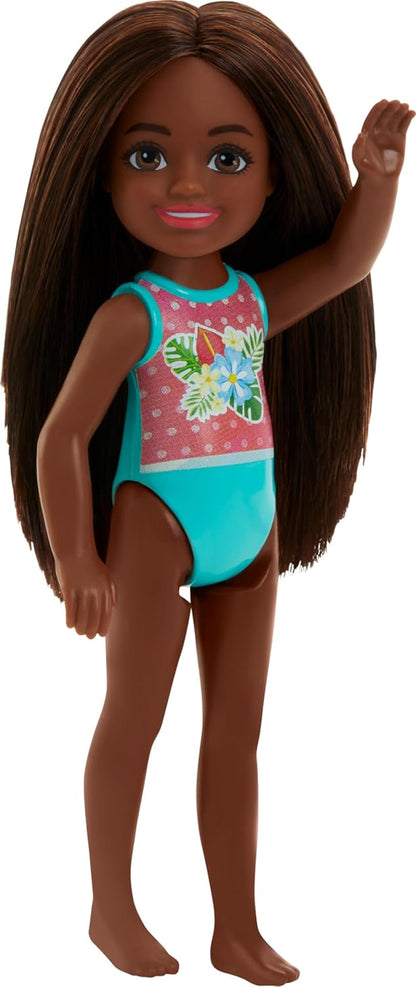 Barbie Chelsea - Small Doll in Swimsuit with Stripes and Floral Print, Brown Hair and Brown Eyes