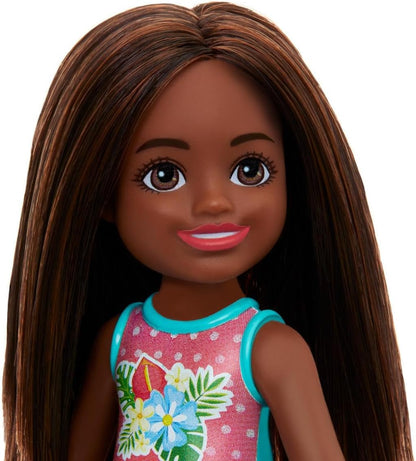 Barbie Chelsea - Small Doll in Swimsuit with Stripes and Floral Print, Brown Hair and Brown Eyes