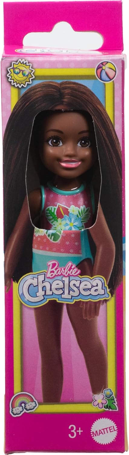 Barbie Chelsea - Small Doll in Swimsuit with Stripes and Floral Print, Brown Hair and Brown Eyes