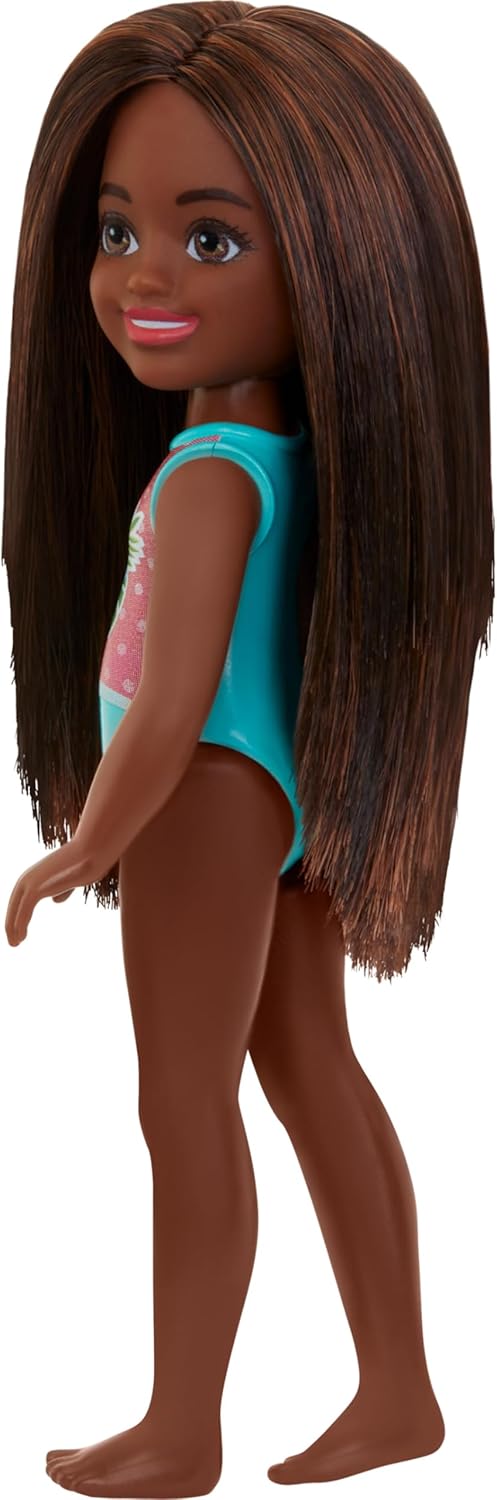 Barbie Chelsea - Small Doll in Swimsuit with Stripes and Floral Print, Brown Hair and Brown Eyes