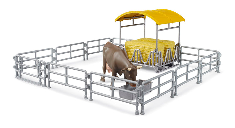 bruder 62612 - Hooiruif met hekken, trog, vierkante balen en 1 rund - accessoires boerderij, landbouw, koe, speelgoed