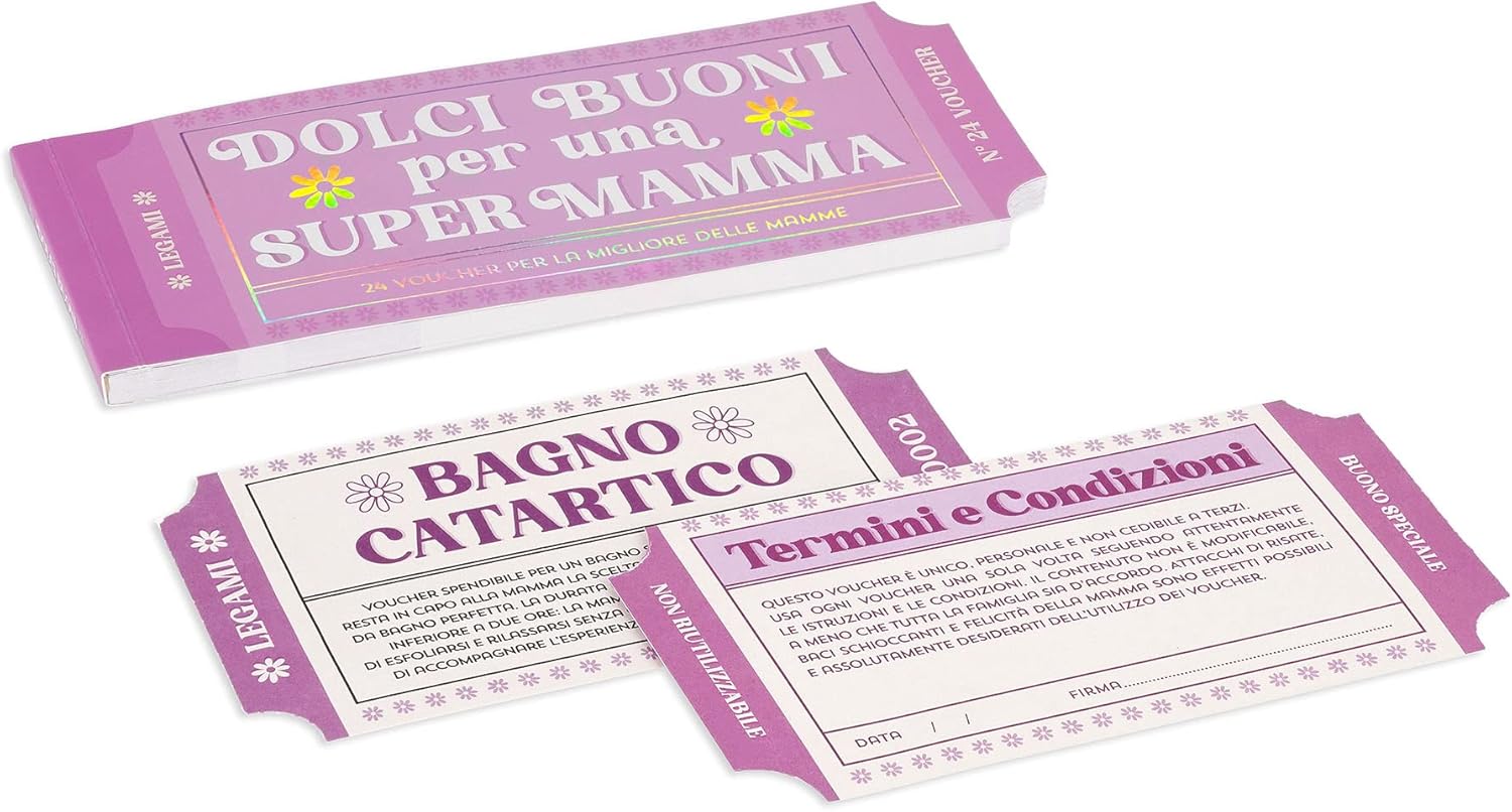 Legami - 24 Vouocher Pad for Mom, Voucher with Perforation for Tearing, Gift Idea, 20.3 x 8.2 cm, Mom Theme