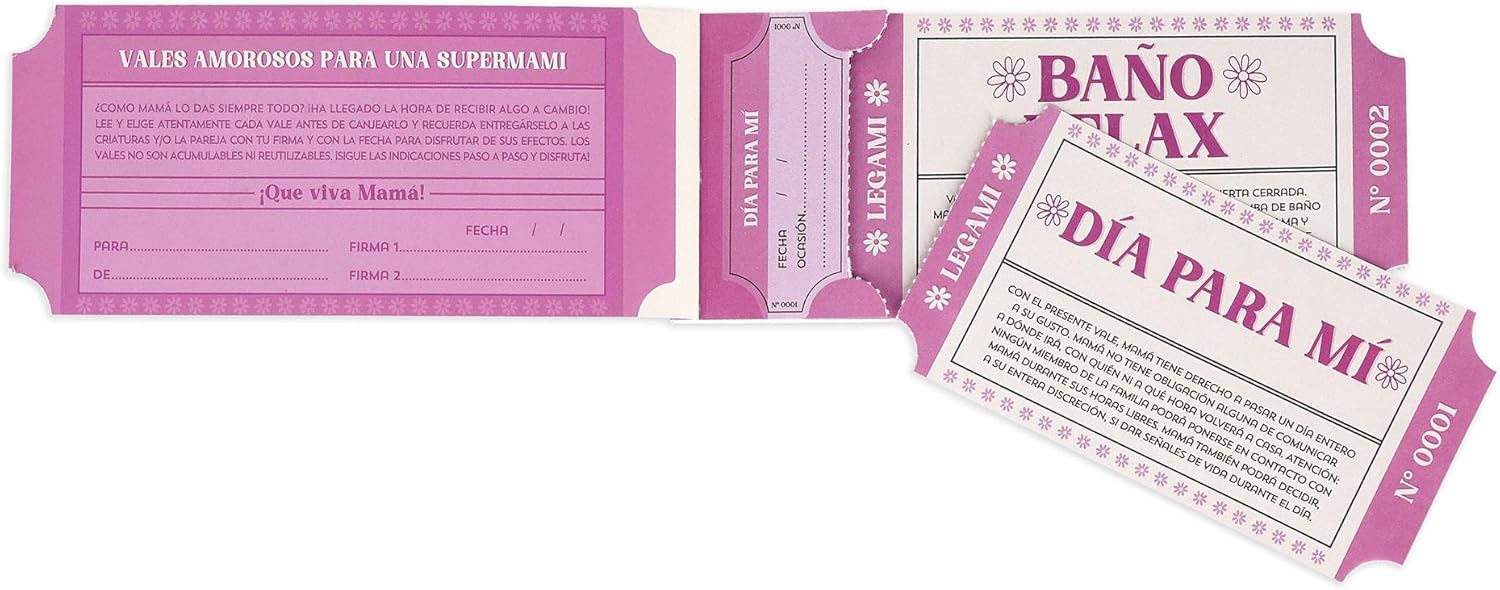 Legami - Block of 24 Vouchers for Mothers in Spanish, Family Activities, Tear Punched Coupons, Gift Idea, Mother Theme, 8" x 3.3"